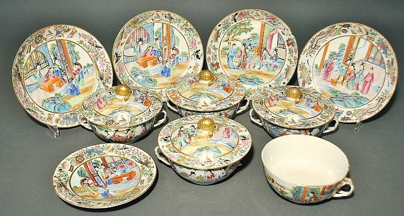 Rare 19th c. Chinese porcelain Rose Mandarin service,: Rare 19th c. Chinese porcelain Rose Mandarin service, some pieces with the Pennsylvania Mifflin Family crest, to incl. 5 bowls (4 w/lids) 4.5"h.x6.5dia., 4 deep dishes 8"dia., and 1 plate 7"dia. All a