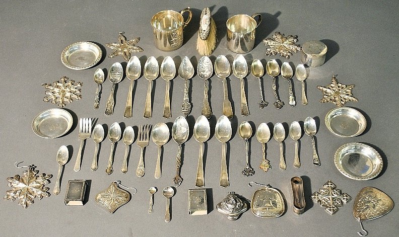 Group of sterling silver tableware and accessories,: Group of sterling silver tableware and accessories, Christmas ornaments, etc. Approx. 25 troy oz.