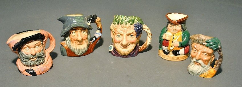 Five Royal Doulton character mugs: Rip Van Winkle,: Five Royal Doulton character mugs: Rip Van Winkle, Falstaff, Bacchus. Robinson Crusoe and largest Honest Measure 4.25"h.