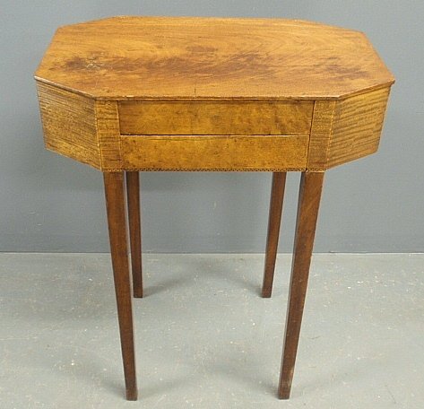 Hepplewhite mahogany sewing table, c.1820, with two: Hepplewhite mahogany sewing table, c.1820, with two drawers and Greek key inlays. 28.25"h., top 23"x14.75"