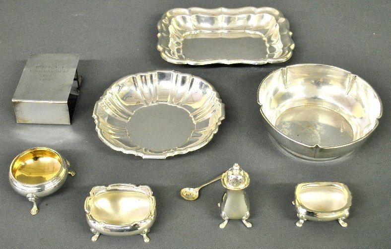 Group of English and sterling silver tableware to incl.: Group of English and sterling silver tableware to incl. an oblong dish 1"h.x7"x5". 13 troy oz.