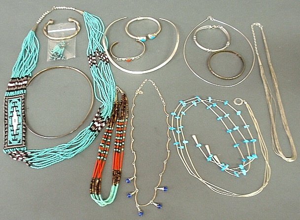 Group of silver necklaces and bangle/cuff bracelets to: Group of silver necklaces and bangle/cuff bracelets to incl. liquid silver, chokers, some with turquoise.