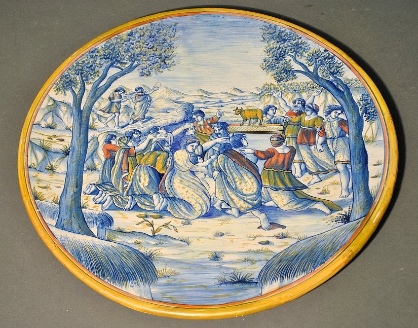 Italian Majolica istoriato dish depicting Moses: Italian Majolica istoriato dish depicting Moses confronting the Israelite's idolatry of the Golden Calf. 16.25"dia.