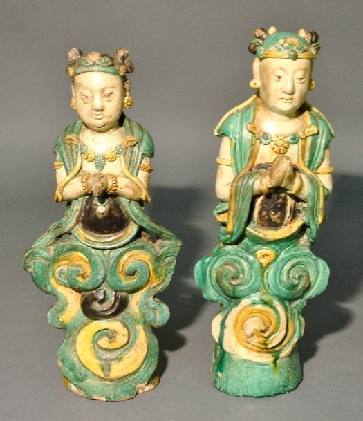 Two glazed earthenware Asian deities with praying: Two glazed earthenware Asian deities with praying hands, 18th/19th c. 13.5"h.x6"w.