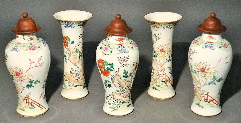 Pair of late 19th/early 20th c. Chinese export: Pair of late 19th/early 20th c. Chinese export porcelain garnitures and three vases with wood covers. Tallest 9.25"h.