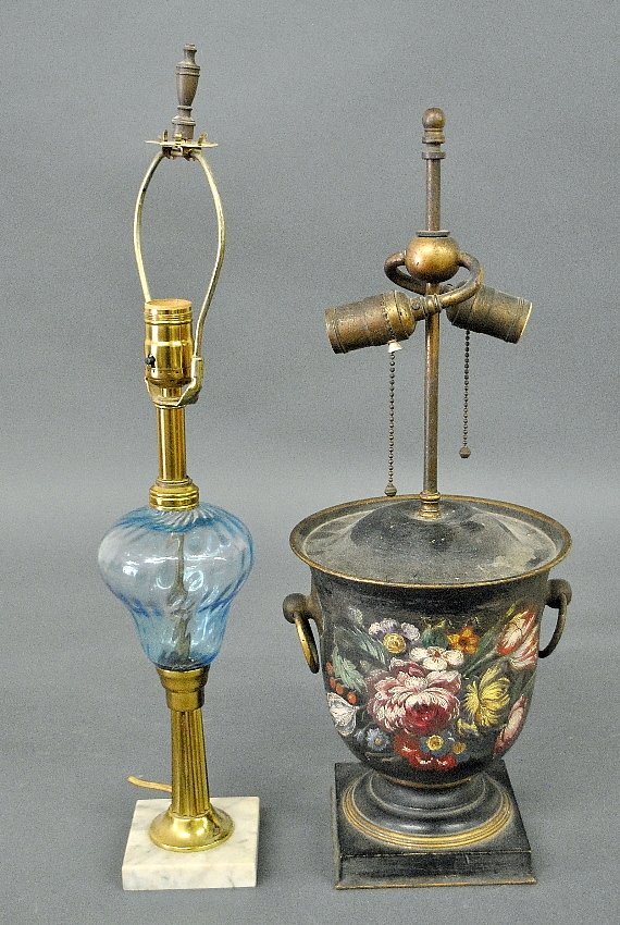 Tole decorated lamp 9.5"h. to top of urn, and a blue: Tole decorated lamp 9.5"h. to top of urn, and a blue glass lamp.