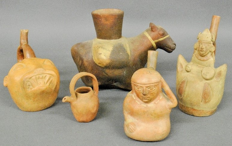 Five pieces of earthenware mocha pottery to incl. a: Five pieces of earthenware mocha pottery to incl. a horse vase 9.5"h.x13"l.x5.5"w.