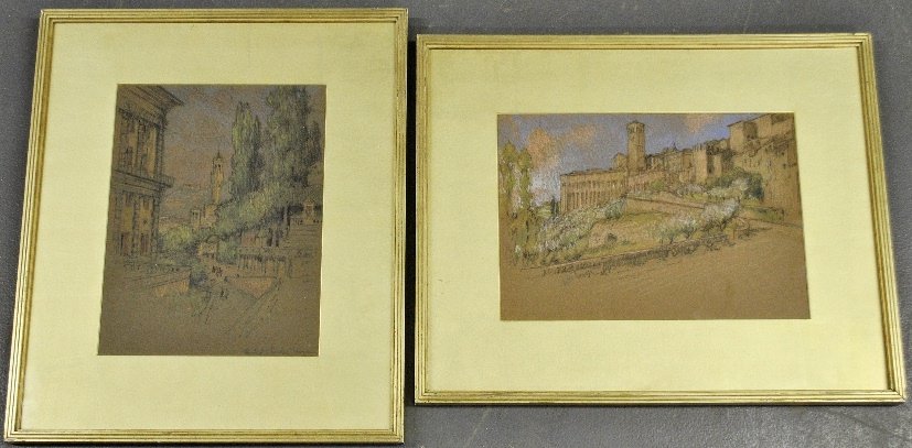Pennell, Joseph [New York/Pennsylvania/UK, 1857-1926]: Pennell, Joseph [New York/Pennsylvania/UK, 1857-1926] two framed and matted pastel drawings- "Assisi from the Road" and "Boboli Gardens, Florence". Site- 11.25"x8.5" each