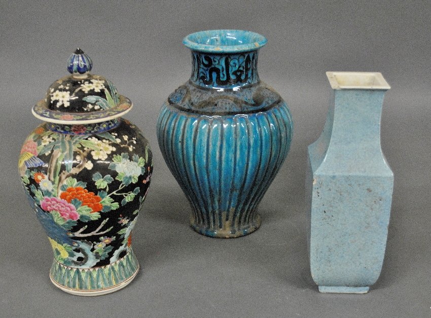 Three Asian vases to incl. a blue glazed earthenware: Three Asian vases to incl. a blue glazed earthenware example 13"h.x8"dia.