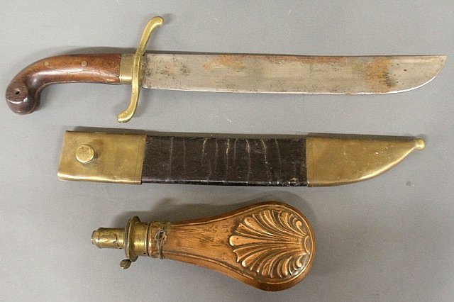 Spanish American War machete 20.5”l., copper and brass: Spanish American War machete 20.5”l., copper and brass powder horn 8.5”l.