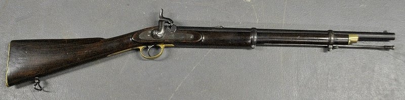 Model 1858 Enfield artillery musketoon made by Barnett: Model 1858 Enfield artillery musketoon made by Barnett of London, many of these models were sold to Confederate States of America. Maker’s mark stamped in butt stock. 39”l.