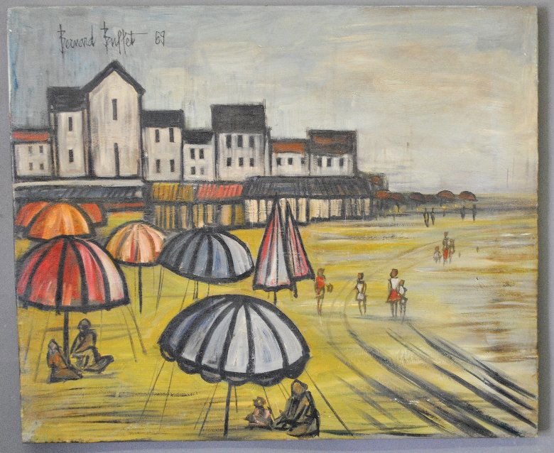 In the manner of Bernard Buffett [American, 1928-1999: In the manner of Bernard Buffett[American, 1928-1999] oil on canvas painting of a French beach scene signed u.l. "Bernard Buffet 69", unframed. 20"x24"