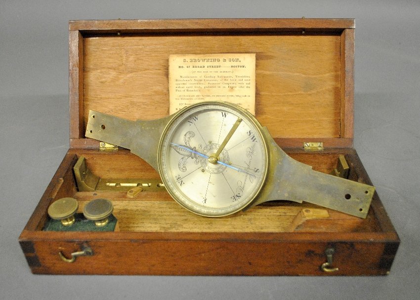 Brass surveyor's instrument, signed S. Browning & Son,: Brass surveyor's instrument, signed S. Browning & Son, Boston, in its original mahogany box with label. Box- 3"h.x13"w.x6"d. Dial 4.75" dia.