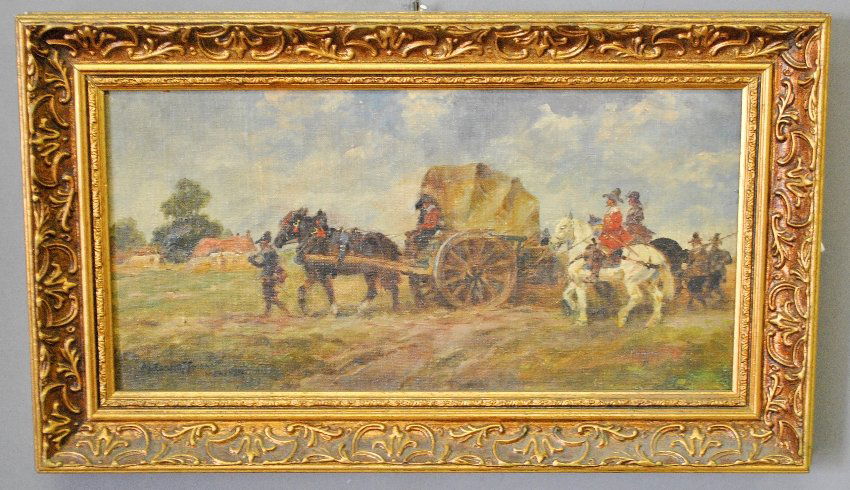 Hoffmann, Anton [German, 1863-1938] oil on board painti: Hoffmann, Anton [German, 1863-1938] oil on board painting of soldiers escorting a covered wagon, signed l.r. “Anton Hoffman, Muenchen”. Site- 8.5”x17”