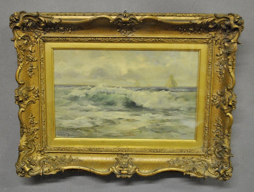 Oil on board painting of sail boats signed l.l. "Warne: Oil on board painting of sail boats signed l.l. "Warne Browne", and mounted in an ornate gilt shadowbox frame. Site- 9"x13.5"
