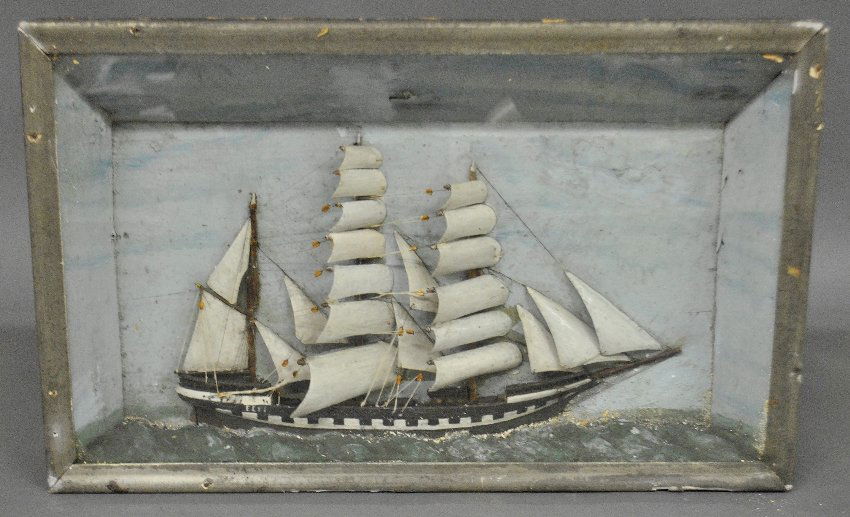 Carved wood ship diorama, late 19th c. 13"h.x 20"w.x: Carved wood ship diorama, late 19th c., in a painted wood and glass case. 13"h.x 20"w.x 3"d.