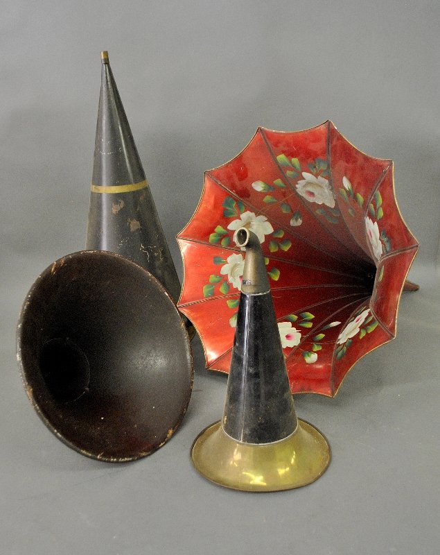 Four phonograph horns, including a red morning glory: Four phonograph horns, including a red morning glory example 31"h.x21"dia.
