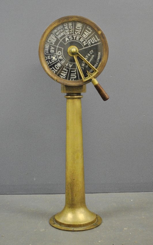 Brass ship's telegraph, engine order, made by J.W. Ray: Brass ship's telegraph, engine order, made by J.W. Ray & Co. (Liverpool) Ltd. 47"h., dial-13.5" dia.