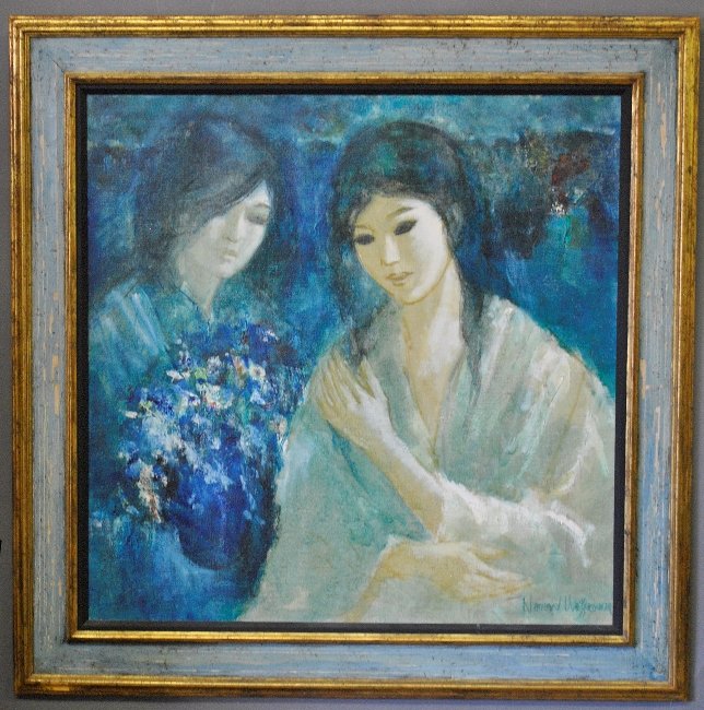 Wasserberger, Nathan [Polish, 1928-2012] large oil on: Wasserberger, Nathan [Polish, 1928-2012] large oil on canvas painting of two young women signed l.r. "Nathan Wasserberger". Site-36"x36"