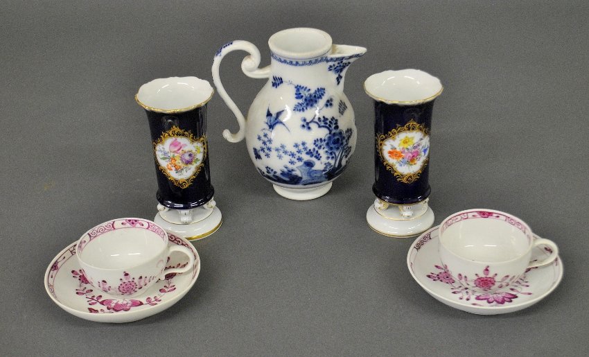 Grouping of Meissen ware to incl. a blue and white: Grouping of Meissen ware to incl. a blue and white chocolate pot 6.5"h., c.1800, two Meissen cups & saucers and two blue vases.