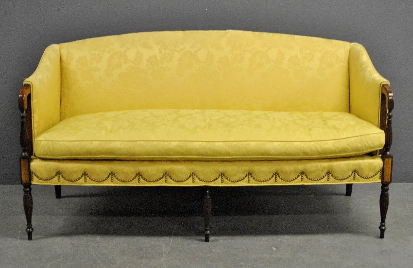 Sheraton style inlaid mahogany sofa, probably by: Sheraton style inlaid mahogany sofa, probably by Southwood. 33"h.x68"w.x26"d., seat 20"h.
