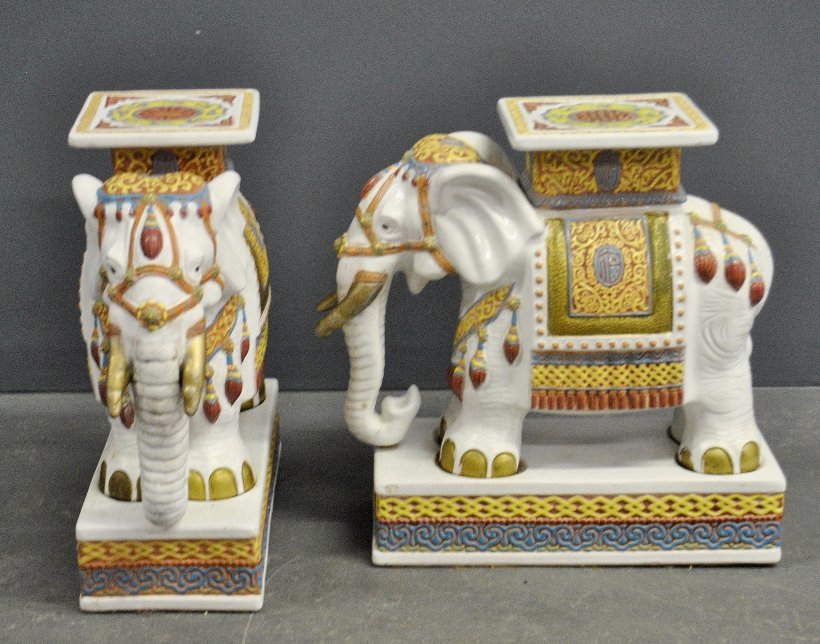 Pair of ceramic elephant garden seats, 20th c.: Pair of ceramic elephant garden seats, 20th c. 19.5"h.8"w.x18"d.