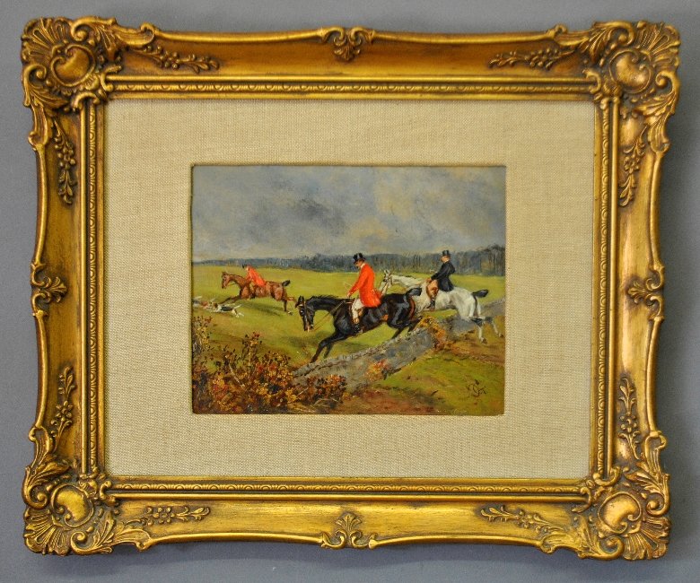 Oil on board painting of foxhunters taking a jump,: Oil on board painting of foxhunters taking a jump, signed l.r. "G.T.(?)". Site- 7"x8.5"