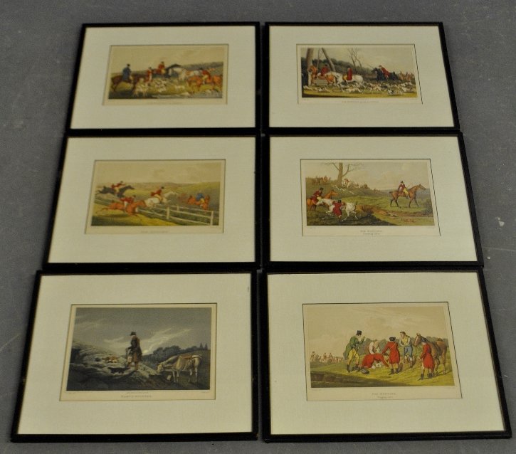 Set of six framed and matted Henry Alken fox hunting: Set of six framed and matted Henry Alken fox hunting prints. Site- 9.5"x12.5"