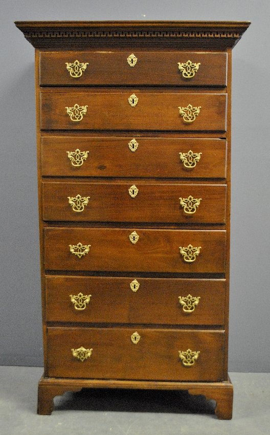 English Chippendale mahogany tall chest, c.1780, with: English Chippendale mahogany tall chest, c.1780, with Greek key molded cornice. 66"h.x32"w.x17"d.