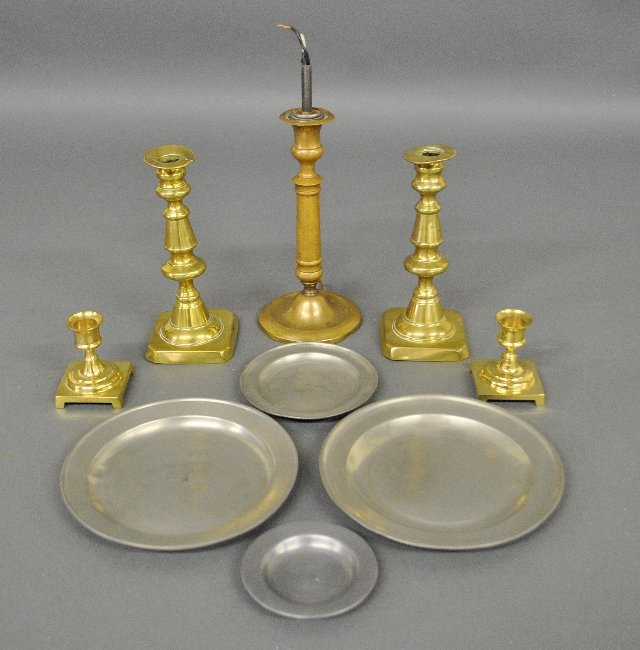 Group of metalware to incl. a pair of English brass: Group of metalware to incl. a pair of English brass candlesticks 8"h., c.1870, four pewter plates- largest 8"dia., etc.