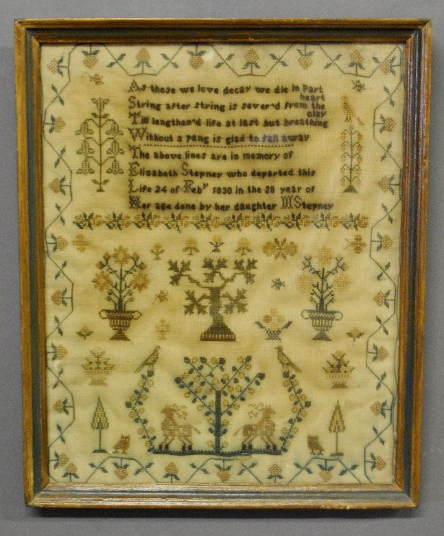 Memorial needlework sampler, 1830, wrought by M.: Memorial needlework sampler, 1830, wrought by M. Stepney. Site- 16"x13"