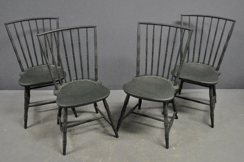 Set of four Windsor style side chairs with green paint: Set of four Windsor style side chairs with green paint and stamped "Nichols & Stone Co.". 34.5"h.x16.5"w.x17"d.