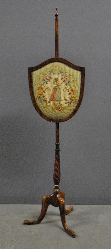 Mahogany pole screen with needlepoint panel.: Mahogany pole screen with needlepoint panel. 54"h.x15"w.