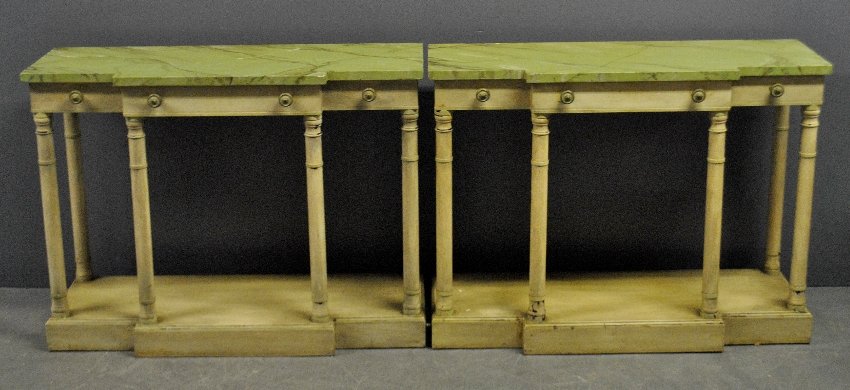 Pair of French Empire style faux marble painted console: Pair of French Empire style faux marble painted console tables. 32"h.x42"w.x15"d.