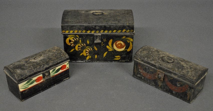 Tole decorated document box, 19th c., 6.5"h.x19"w., and: Tole decorated document box, 19th c., 6.5"h.x19"w., and two Tole trinket boxes.
