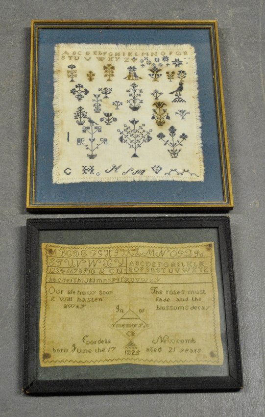 Memorial needlework sampler, 1825, "Cordelia Newcomb,: Memorial needlework sampler, 1825, "Cordelia Newcomb, site- 8"x11", and another sampler