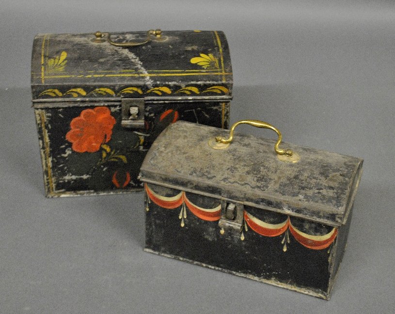 Two Tole decorated document boxes, 19th c., each with: Two Tole decorated document boxes, 19th c., each with brass handles, largest 8"h.x9.5"w.x6"d.