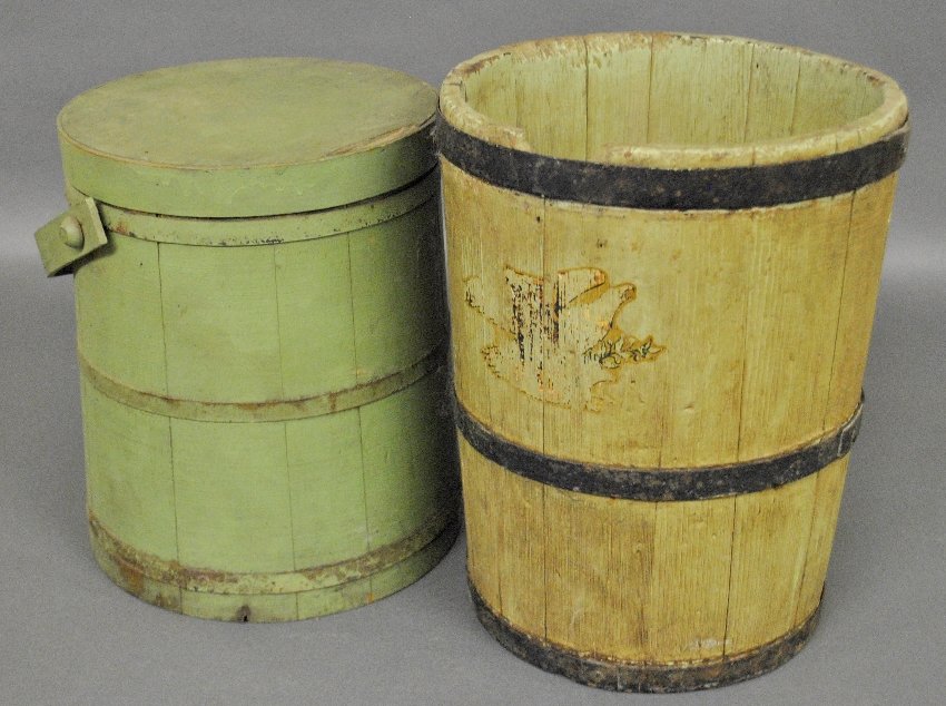 Green painted 19th c. firkin 12"h.x9.5"dia., and a: Green painted 19th c. firkin 12"h.x9.5"dia., and a banded bucket.