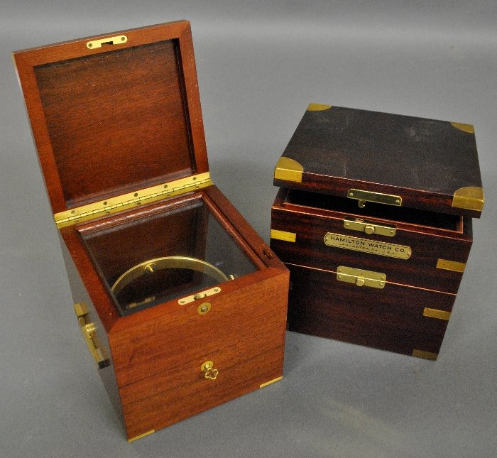 Two contemporary mahogany chronometer boxes one signed (1 of 1)