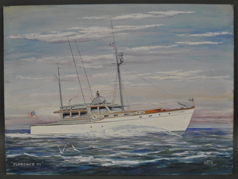 Gouache of the motor yacht "Florence VI", signed l.r.: Gouache of the motor yacht "Florence VI", signed l.r. "John Austin Taylor". Unframed. 16"x20"