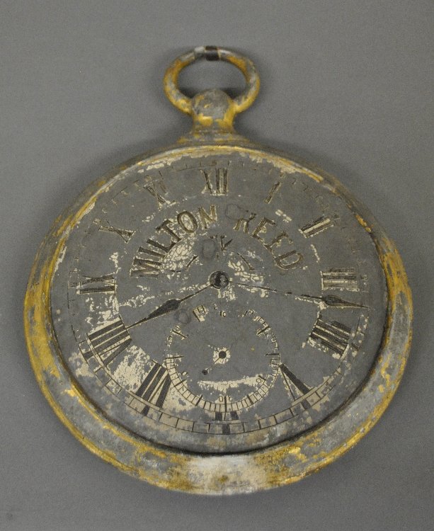 Zinc pocket watch trade sign, 19th c., signed "Milton (1 of 2)