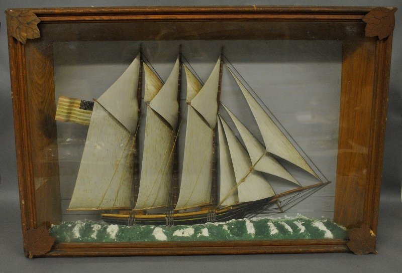 Large cased diorama, c.1890, of a three-masted coastal (1 of 1)
