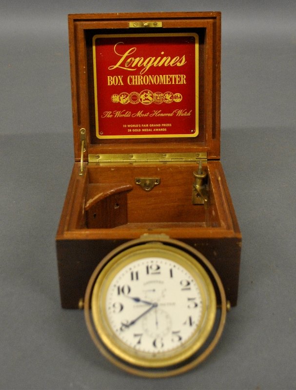 Chronometer by Longines in a mahogany box, as found. (1 of 1)