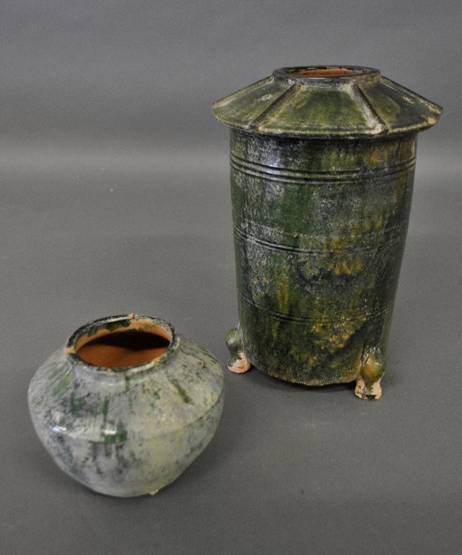 Chinese green glazed earthenware silo, 12"h., together (1 of 1)