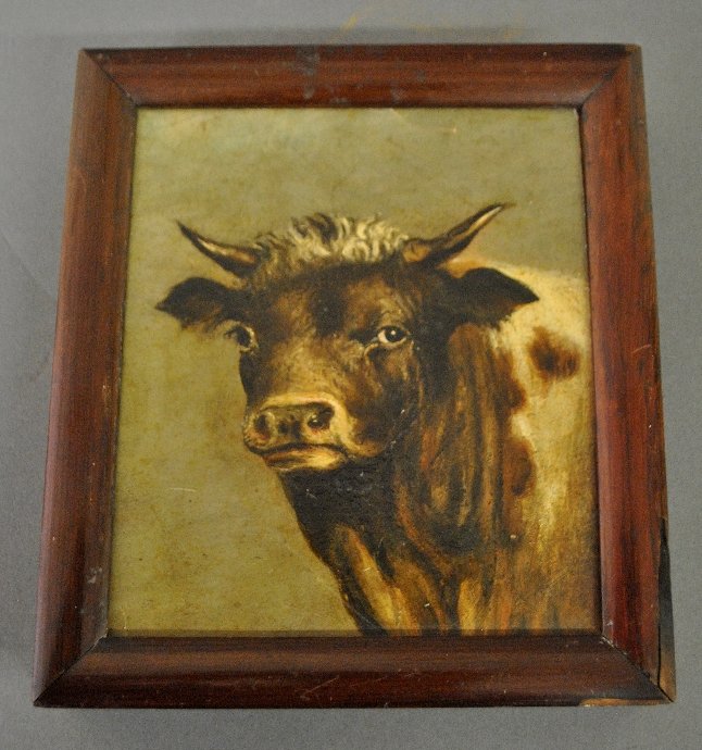 Oil on wood panel painting of a bull in the manner of: Oil on wood panel painting of a bull in the manner of James Ward. Site-7.75"h.x6.75"d.