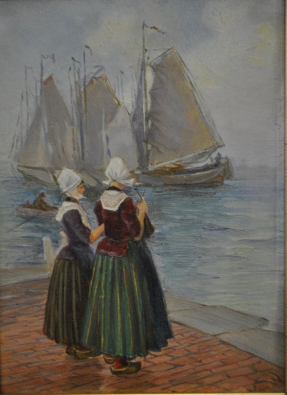 Gouache of two Dutch girls on a dock signed l.r. "Van (1 of 3)