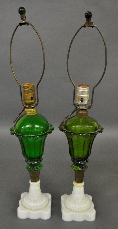 Two similar green glass font fluid lamps with clambroth (1 of 1)