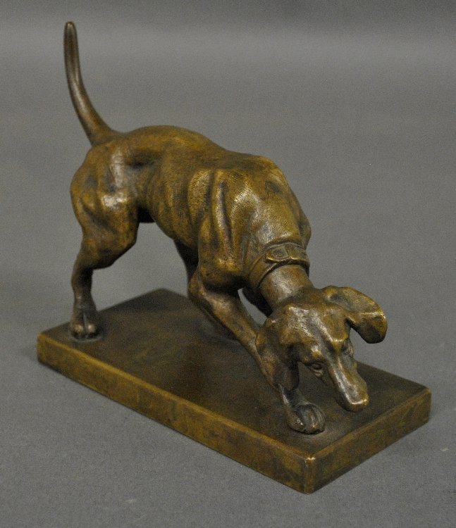 Bronze hound dog at work, French School, c.1900. 6"h. (1 of 2)