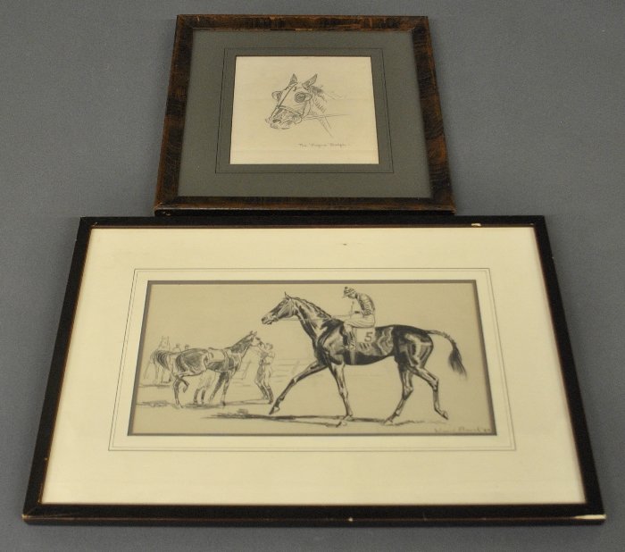 Framed and matted pencil sketch of a jockey and horse, (1 of 2)