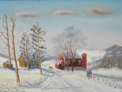 Oil on artist board painting of a farm snow scene by: Oil on artist board painting of a farm snow scene by Mary Margaret Bolich, a student of Walter Baum. Site-12"h.x15.5"w.